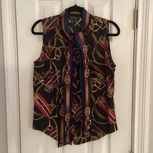 Ralph Lauren Multicolor Equestrian Print Silk Shirt w/ Long Sash at Neck